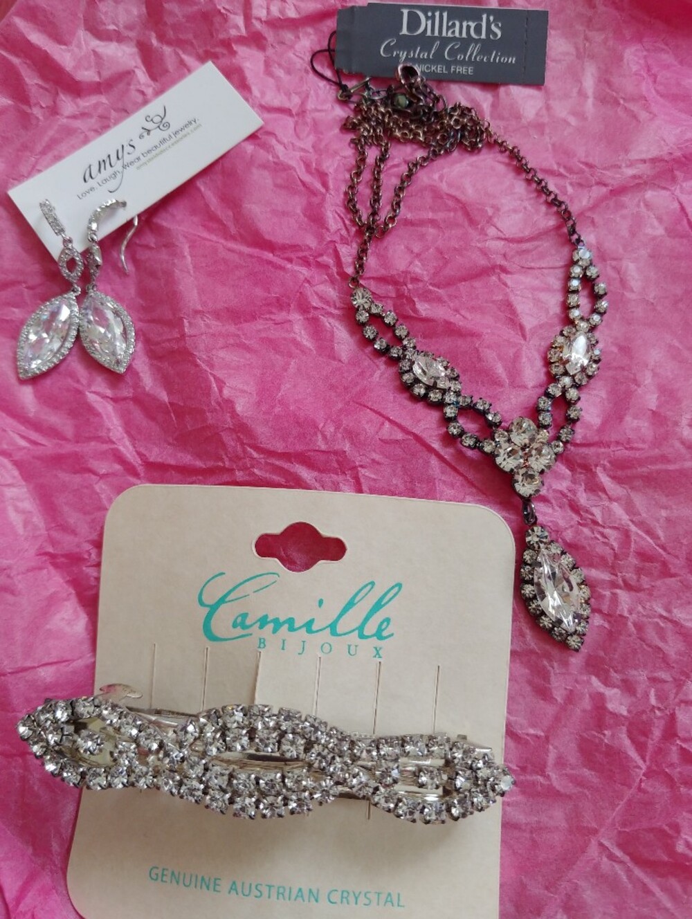 New Silver-Tone Faux Diamond  Necklace, Barette and Earrings Set